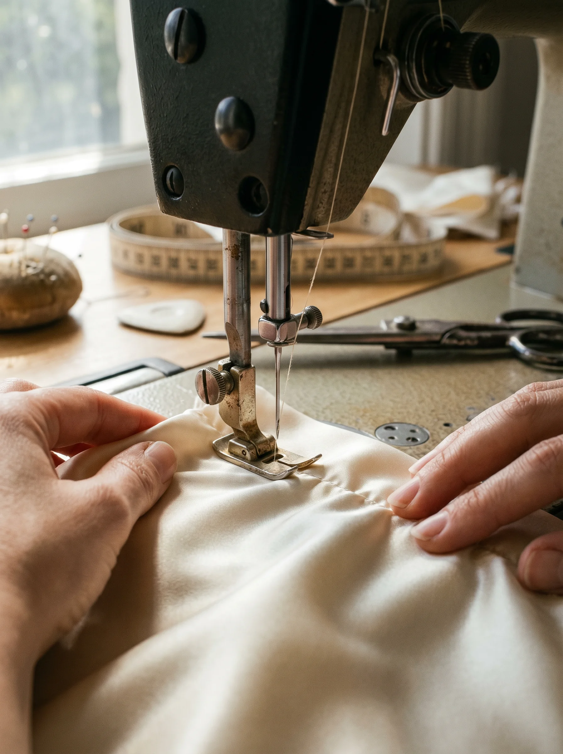 Máquina de coser industrial en uso en el taller de confección YACADI.